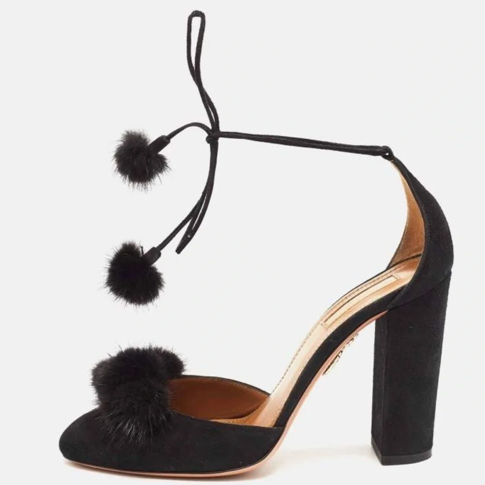 Aquazzura | Black Suede Wild Russian D'Orsay Pom Pom Ankle Wrap Pumps Size 37